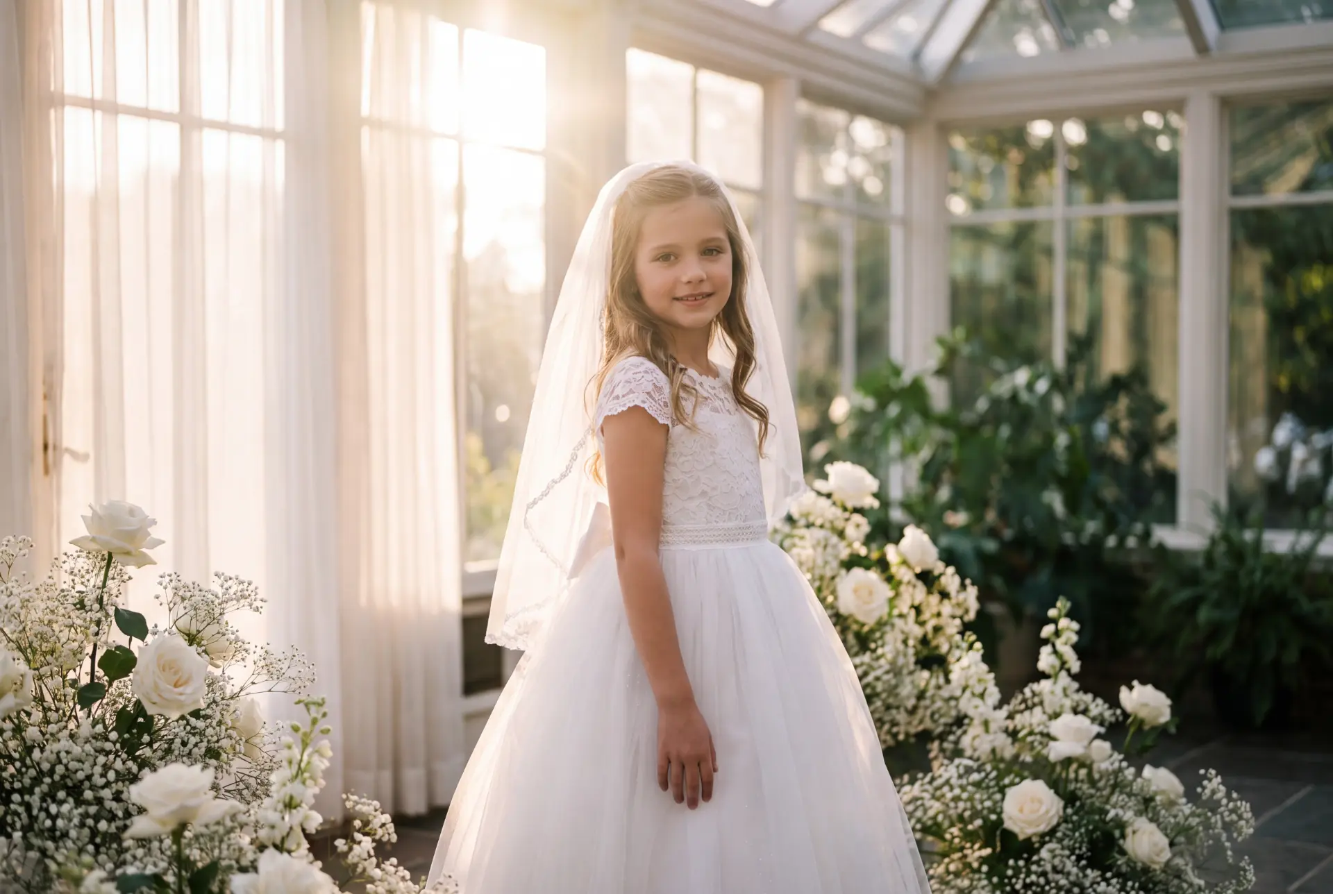 A young girl wearing a white lace communion dress and veil in a sunlit conservatory surrounded by white roses